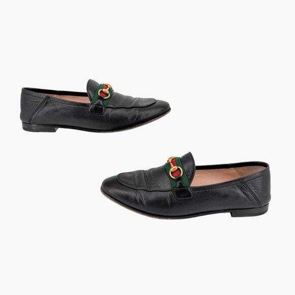 Gucci Brixton Black Leather Web Stripe Horsebit Loafers Size 38.5 US 8.5 Women's - Picture 8 of 15